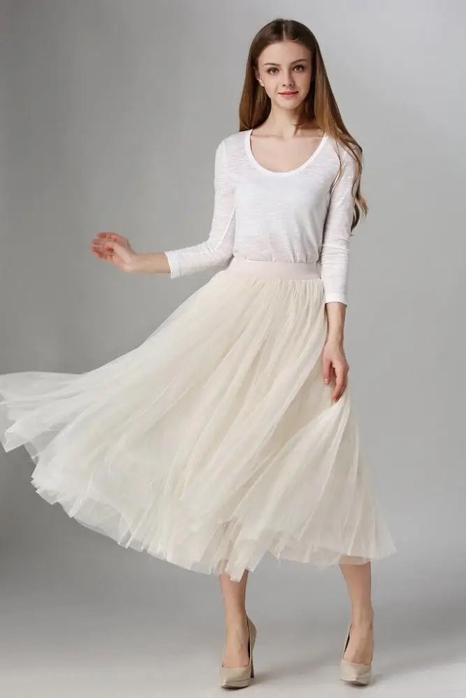 Fashion Ladies Stylish Elastic High Waisted Pleated A-line Mid-calf Tulle skirts