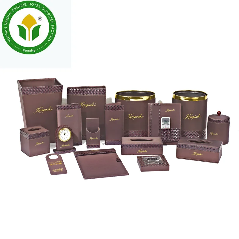Hot sale hotel dark brown leather amenity set hotel accessories
