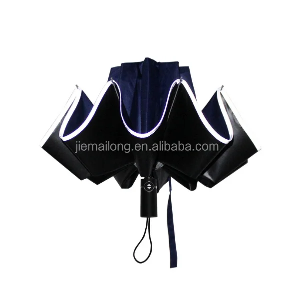auto open and close 3 fold  black coated anti-UV Super resist water Reflective strip reverse umbrella with rubber handle