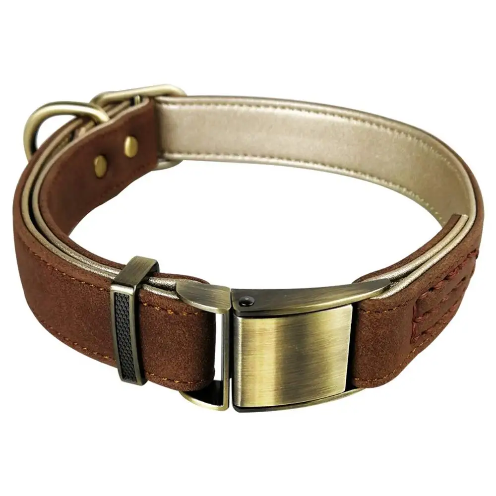 Wholesale OEM Manufacture, Basic Classic Luxury Padded Leather Dog Collar with quick release Seat belt Buckle