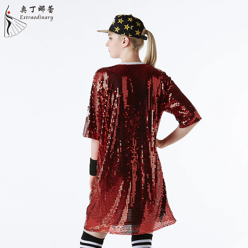Wholesale Hip Hop Dance Costumes Baseball Shirt Custom Bling Loose Women Oversize Sparkly Sequin Long T Shirt Dress