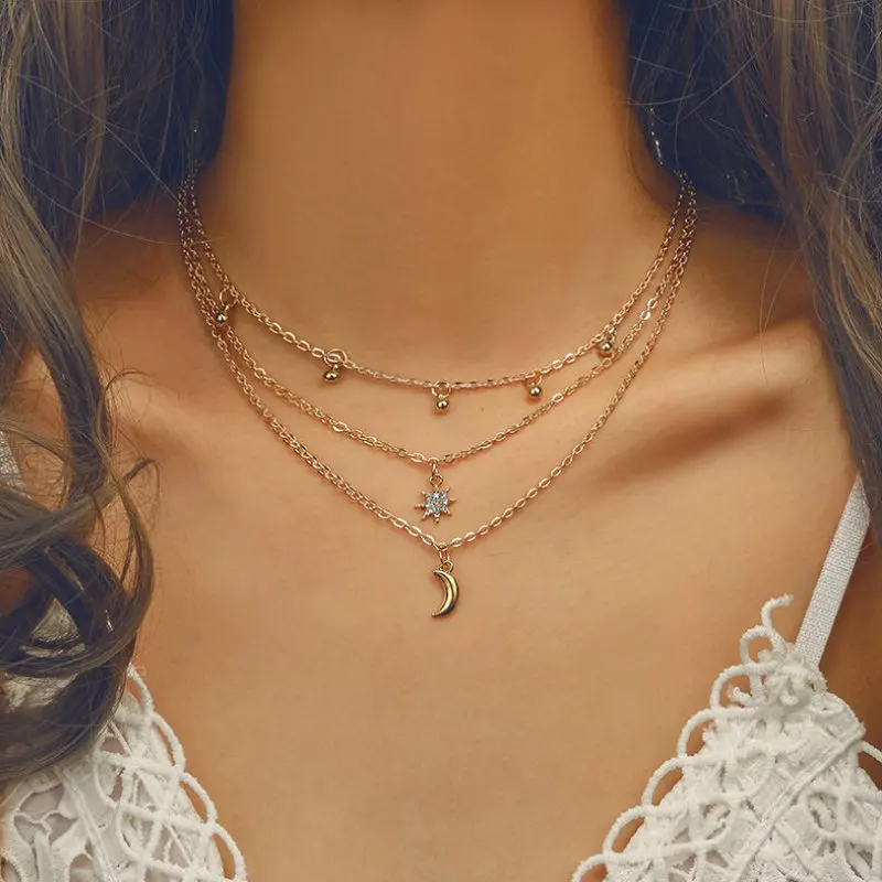 Wholesale Fashion Multi Layer Moon and Star Necklace For Women