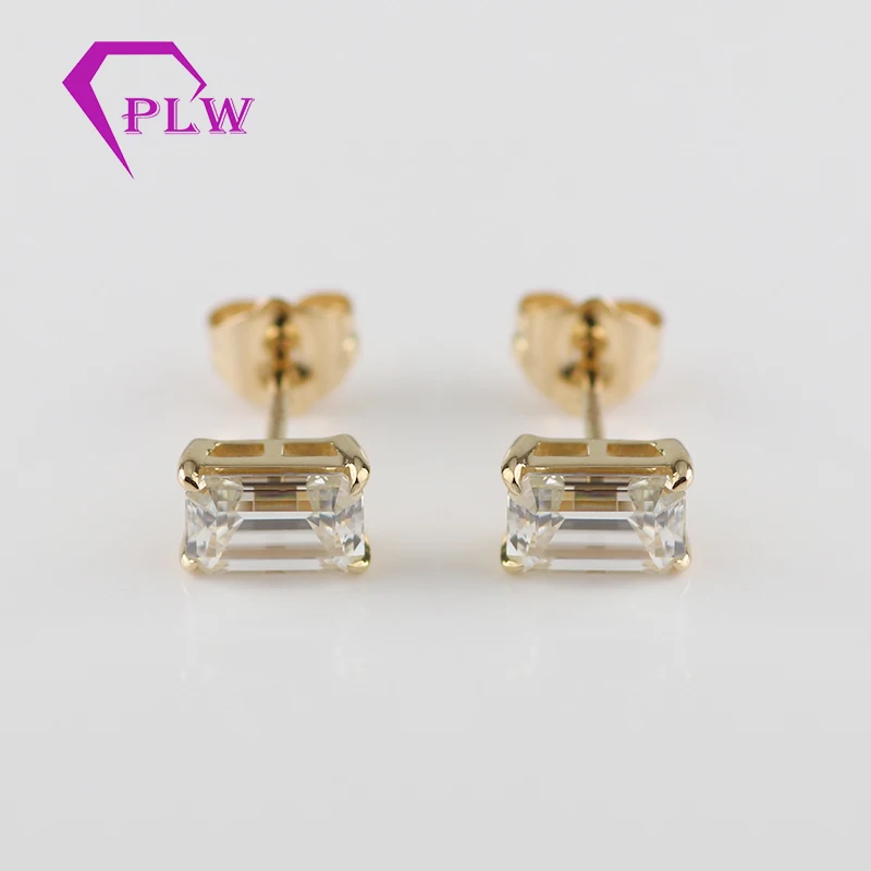Provence Moissanite Jewelry Pointed Prong Setting 5x7mm 1carat Emerald Cut Moissanite Earrings 18k Yellow Gold