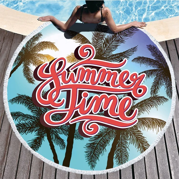 Cusotom digital printed wholesale cheap personalized summer palm tree hawaiian circular beach towel with tassels