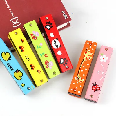 
High quality wooden colorful 16 holes mini harmonica wholesale cartoon style harmonica for children 