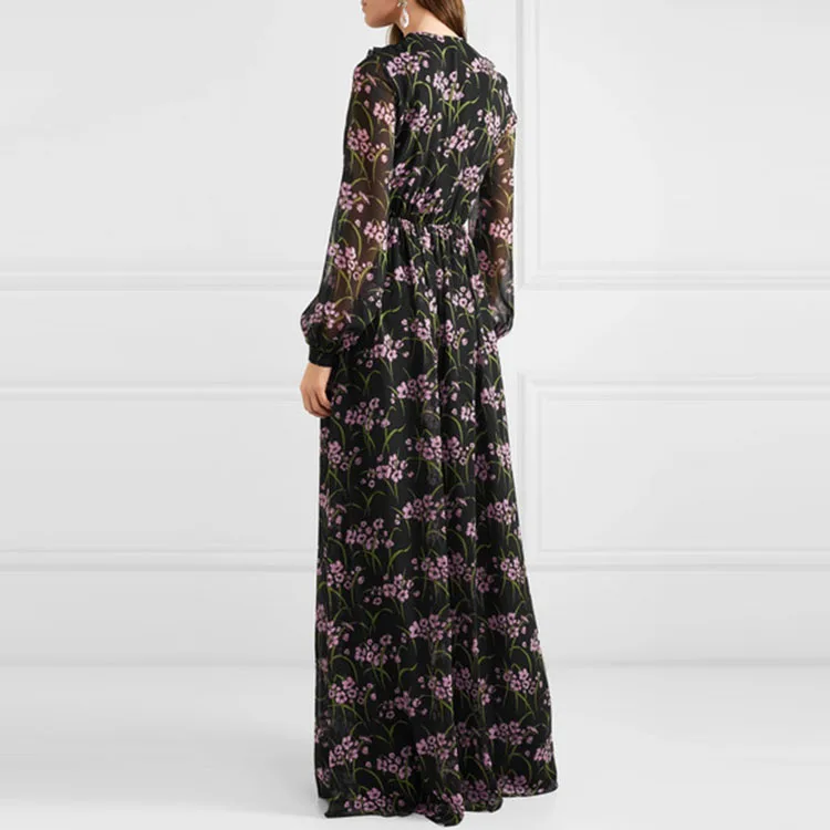 
Oem Factory Made Long Sleeves Non-stretchy Floral Printing Ladies Floor-length Maxi Dress Floral Print Chiffon Dress For Women 