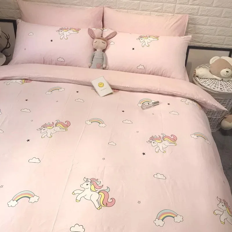
High quality comfortable reactive printing 100% cotton 4pcs bedding set pink twin unicorn printed kids bed sheet set 