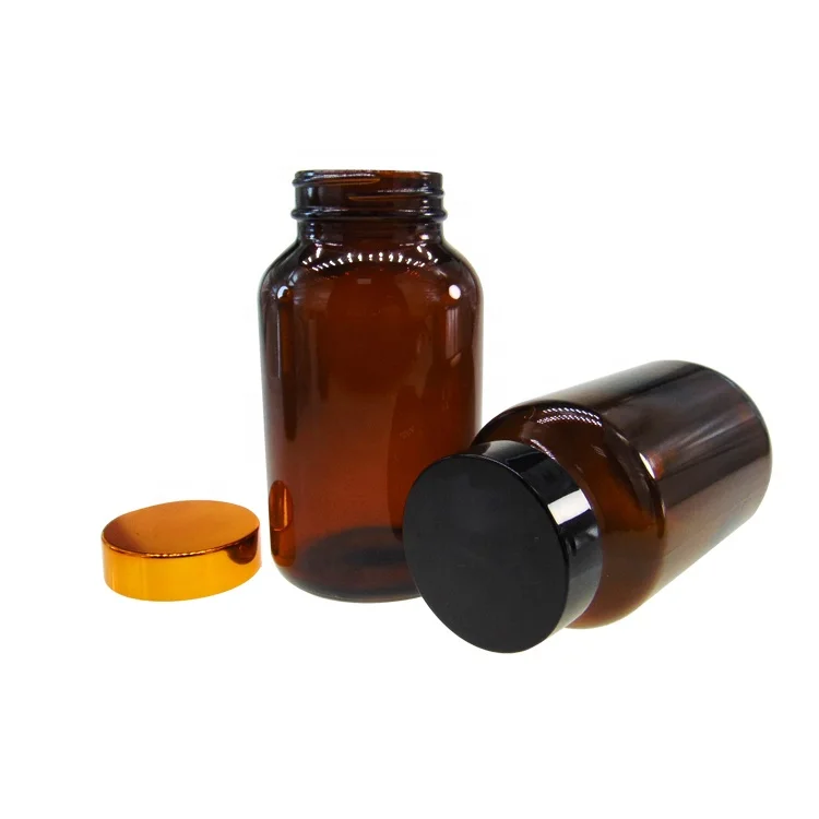 Custom 250ml Amber Tablet Packer Glass Bottle with Metal Lid for Tooth Powder