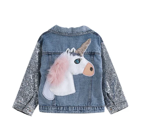 Unicorn Denim Jacket for Girls Coats Children Clothing Autumn Baby Girls Clothes Outerwear Sequined Jean Jackets for Child Girls