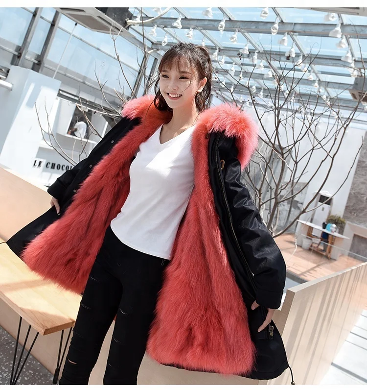 Natural Multicolor Fur Collar Parkas Women Winter Real Raccoon Fur Hooded Jacket Coat