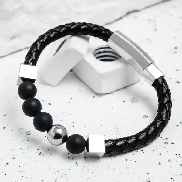 Black onyx lava stone with stainless steel clasp high quality mens leather Beaded bracelet bangle