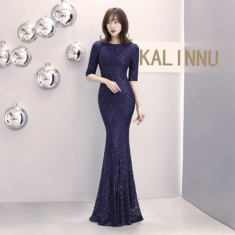 16001#European and American Classical Fashion Long Sleeve Pearl Fillet Fishtail Evening Dress Banquet Dress  bobtail; evening we