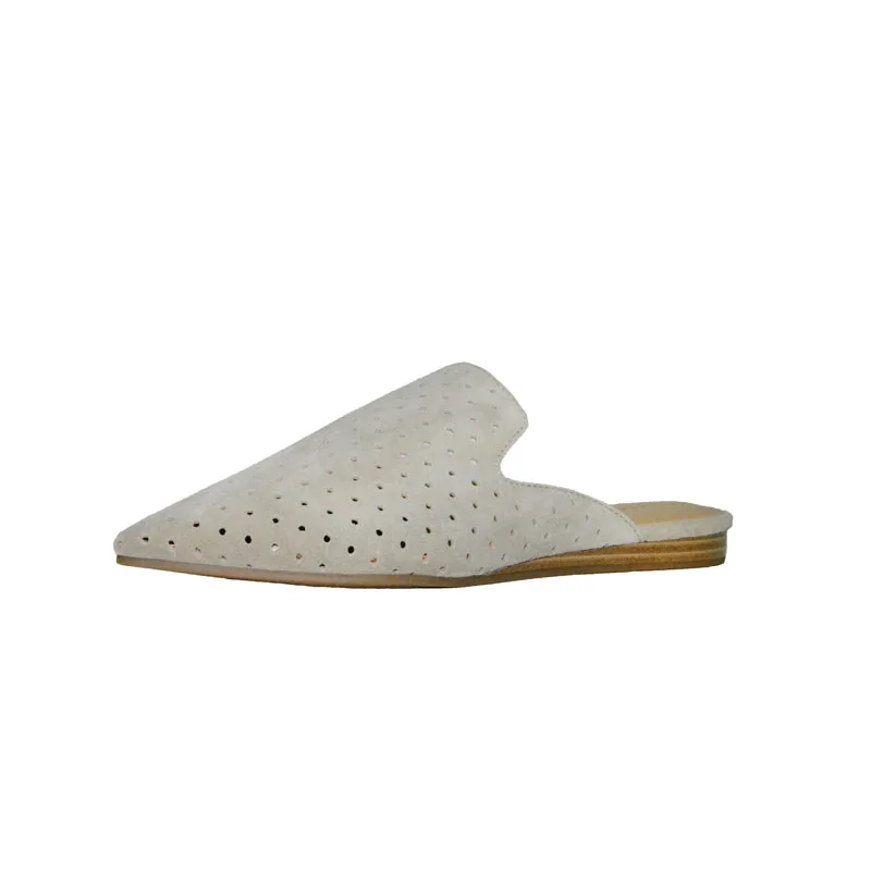 
Wholesale cow suede leather laser hole upper pointed toe and leather stacked low heel mules and slippers for women 2019 