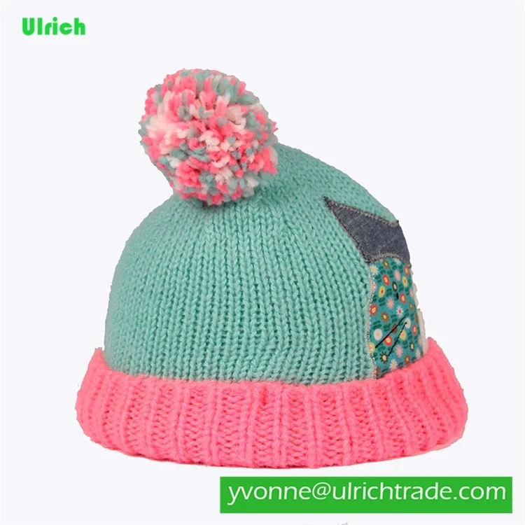 KR167 Fashion knitted green patchwork embroidered kid knit cap