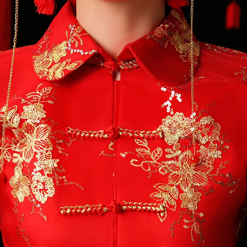 High quality red chinese custom made long sleeve traditional embroidered wedding dress