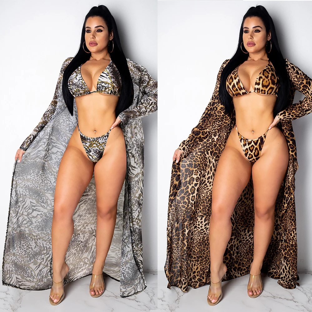Free Shipping Leopard Print Sexy custom swimwear long sleeve swimsuit sexy bikini cover ups Twp-piece suit