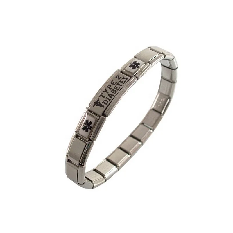 Fashion Women Jewelry Adjustable Stainless Steel Composable Links Medical Alert Type 2 Diabetes Italian Charm Bracelet