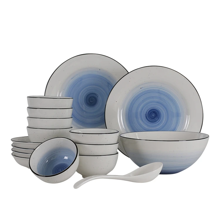 Speckled dinnerware cheap green sprial printed inside bowl stoneware dinner set for hotel