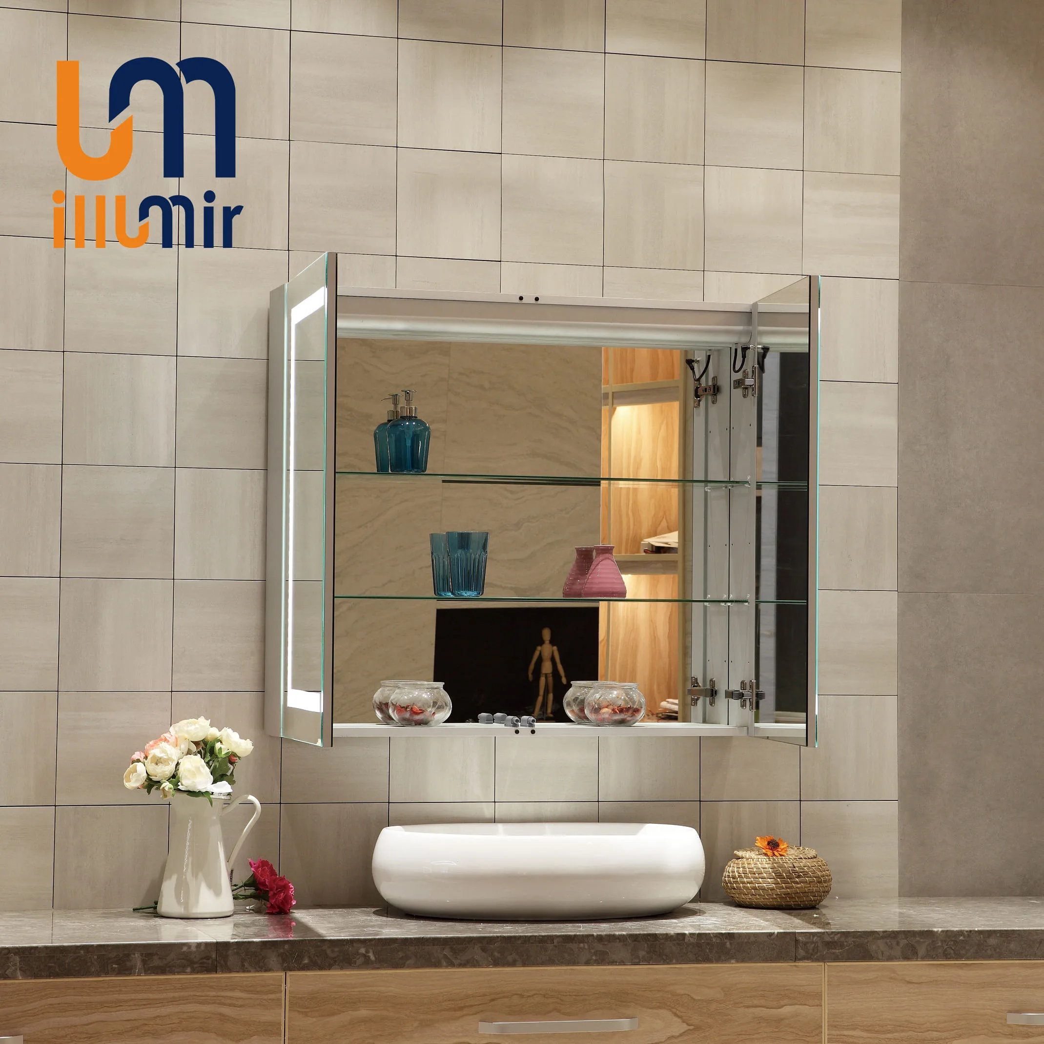 Modern Fashion Wall Mount Illuminated Lighted LED Bathroom Mirrored Medicine Mirror Cabinet