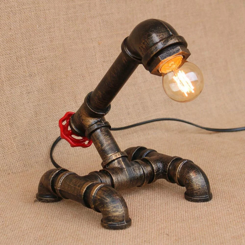 
Industrial Table Lamp Wrought Iron Water Pipe Light Home Decoration with Red Valve Handle Robot Desk Lamp for Restaurant 