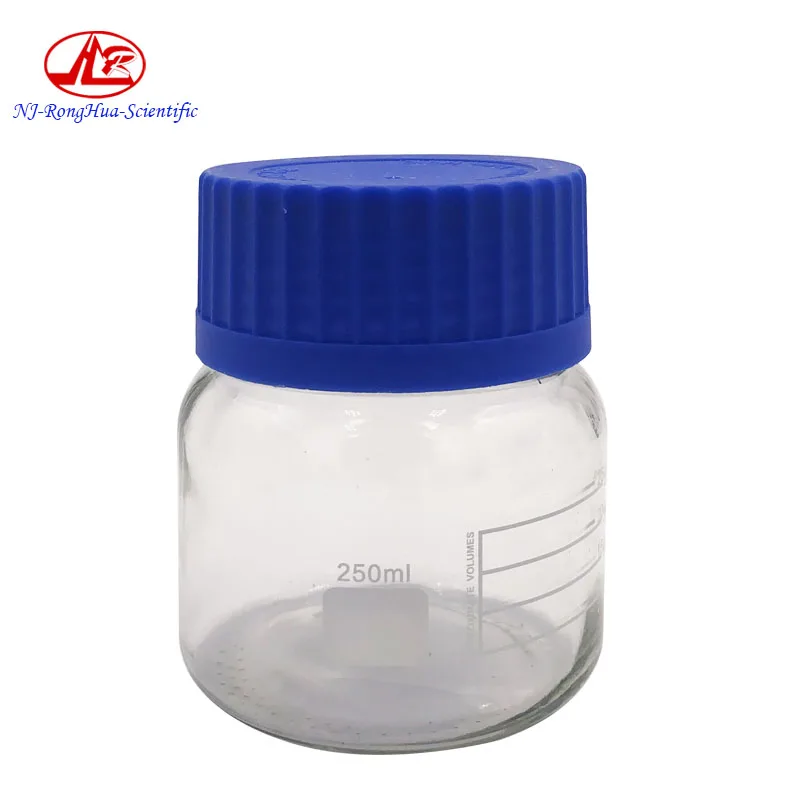 Лабораторная герметичная стеклянная бутылка-реагент с широким горлом и закручивающейся синей крышкой объемом 100 мл 250 500 1000