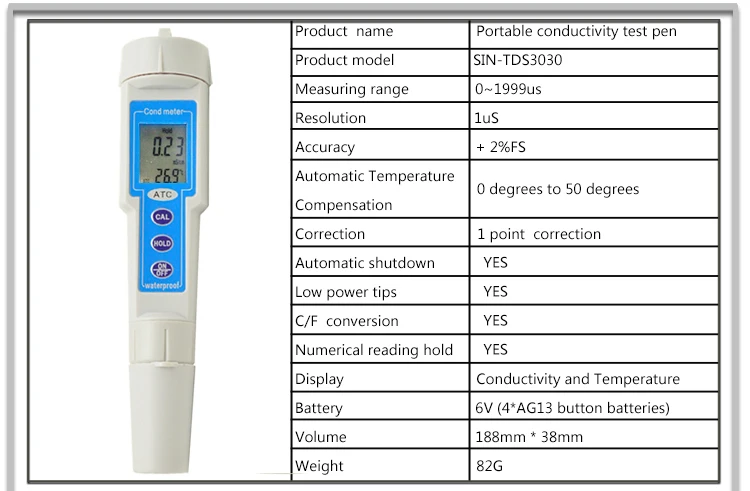 Digital Range 0-1999 uS Pen Type Conductivity Meter TDS Meter