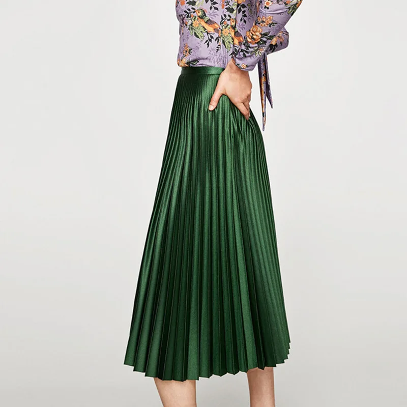Modern Design High Waisted Green Plain Color Mid--calf Length Pleated Skirt