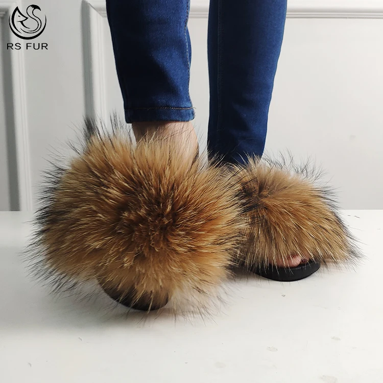 Cheap Wholesale Indoor Slipper Comfortable Custom Sandals Cruelty Free Black Fox Fur Slipper