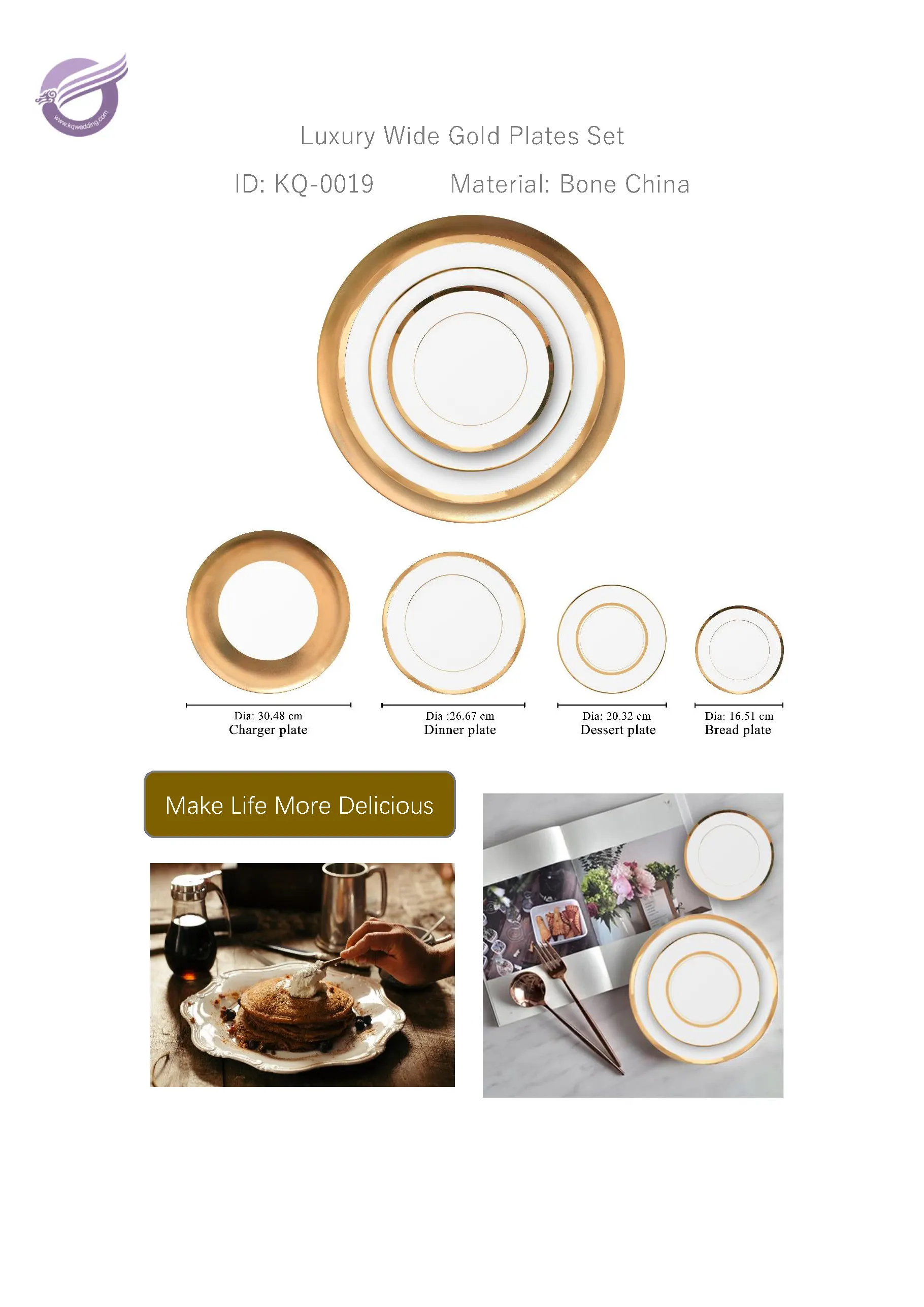 KQ0019 Bone China gold rim wedding ceramic dinner plate sets