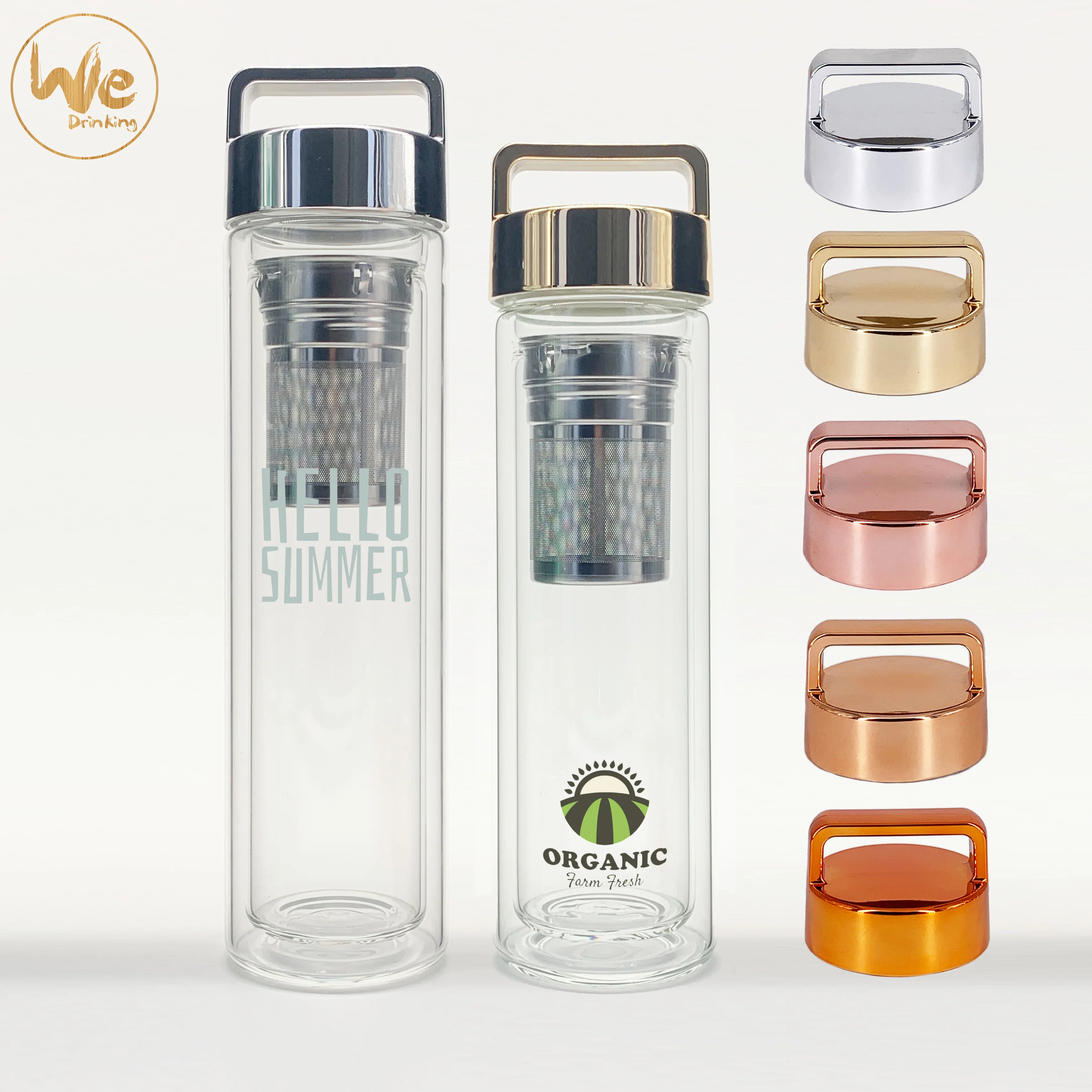 
GS07-B 480ml 17oz No Minimum Leakproof BPA Free Double Wall Tea Glass Bottle with Fruit Infuser 