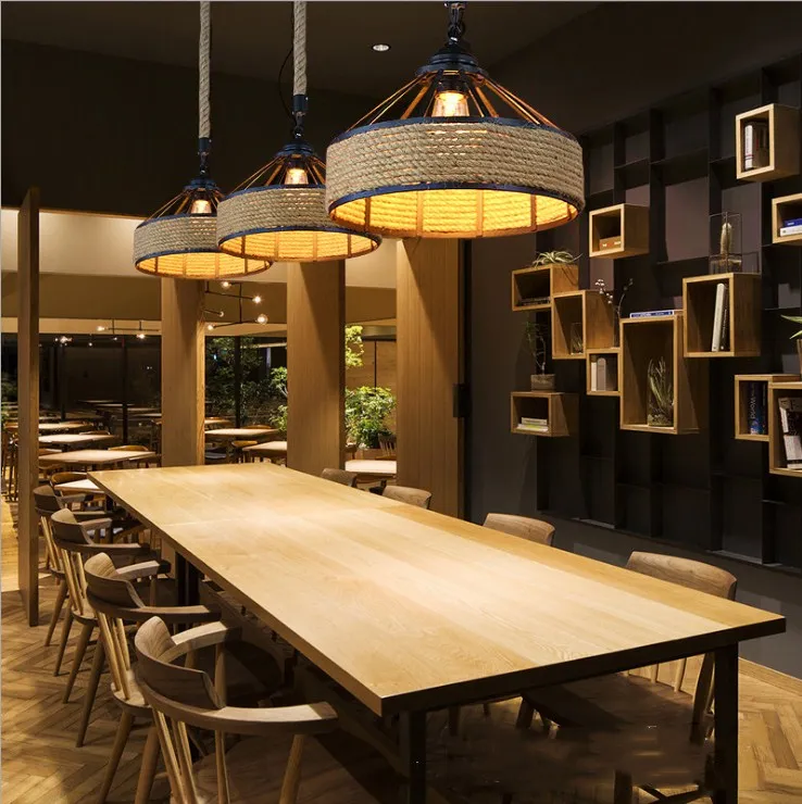 American hemp rope lamp loft retro industrial style restaurant bar table creative droplight