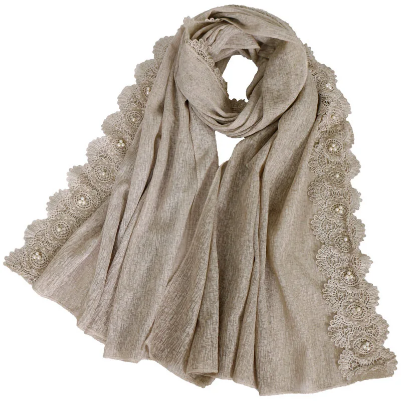new style Muslim cotton scarf beautiful pearl lace jersey head hijab scarf for ladies and women 0419026