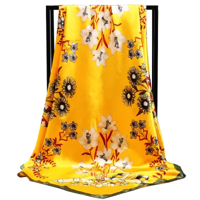 Newest 90*90cm Gerbera jamesonli Floral square large100% Polyester cheap satin scarf for women stylish