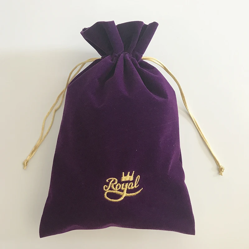 
Custom Embroidery Logo 20x30cm Purple drawstring velvet Gift Promotional Packaging Pouches bag with top ruffle 