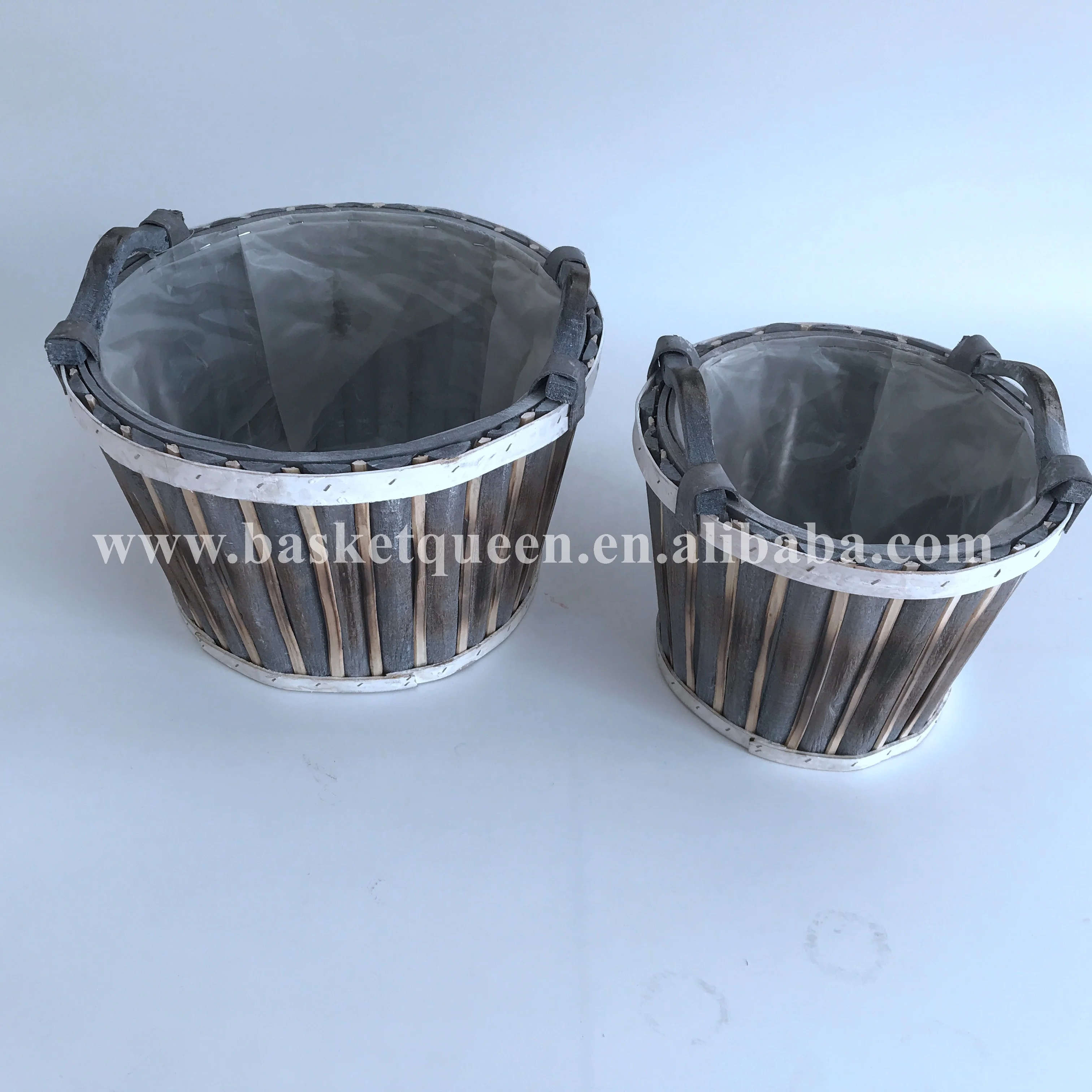 
Wholesale 100% handmade eco-friendly burn color woodchip basket with wood handle for garden panting 
