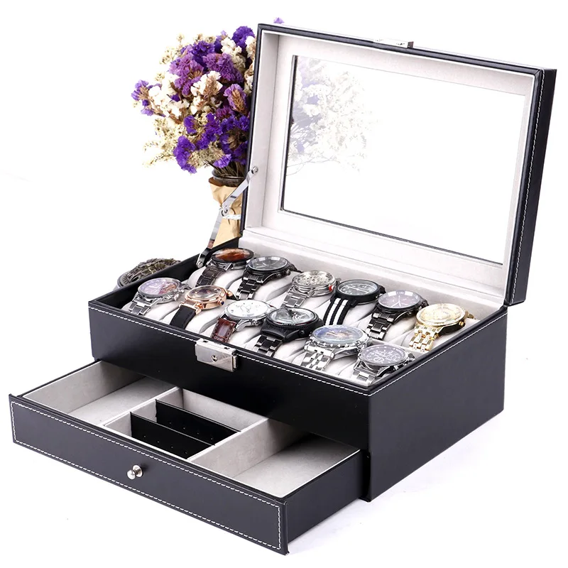 
New Design Custom Logo Luxury Leather 12 Slots Double Layer Jewelry Watch Box With Glass Winder 