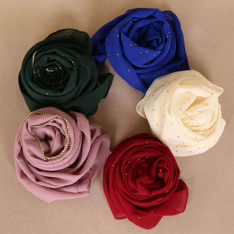 Wholesale Fashion Plain Ladies Scarves Shawls Instant Muslim Women Chain Rhinestone Hijab Chiffon Scarf