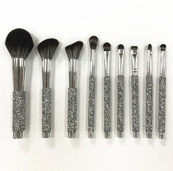 YRX W029 9PCS Diamond Luxury Makeup Brush Gif Set Bling Personalised Private Label High Quality Silver  Makeup Brush Set