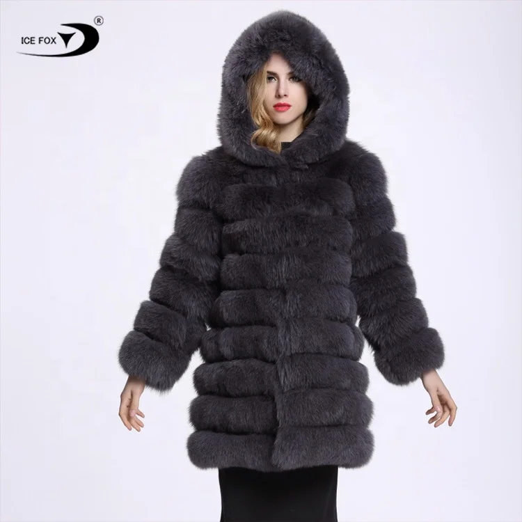 2022 Custom Design Pattern Logo Fashion Long Black Fur Coat Winter Women Faux Fox Fur Coat with Hood