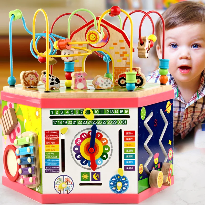 wholesale Hexagon shape wooden bead maze shape block with gear paly game activity toys 7 in1 educational toys WTB22