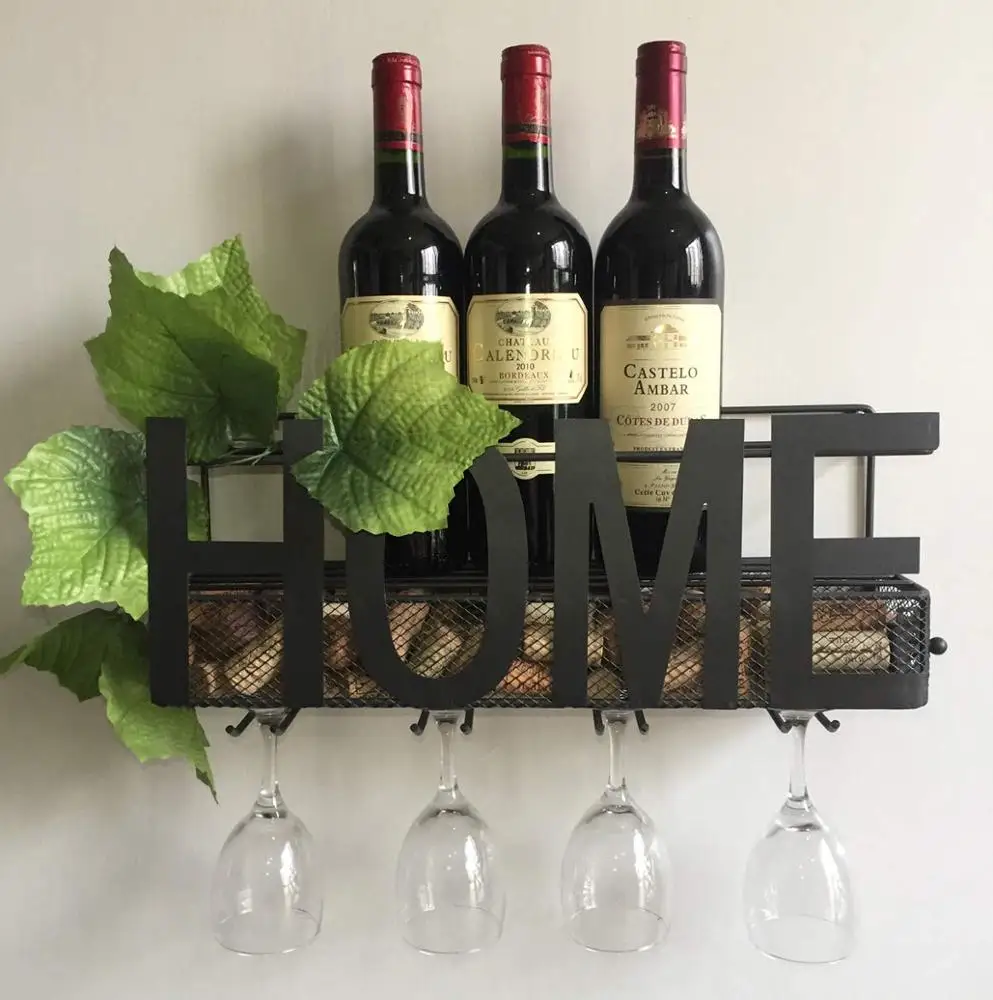
Decorative Black Home Wall Mounted Hanging Metal Wine Bottle Rack Holder with 4 Glass Holder & Wine Cork Storage 