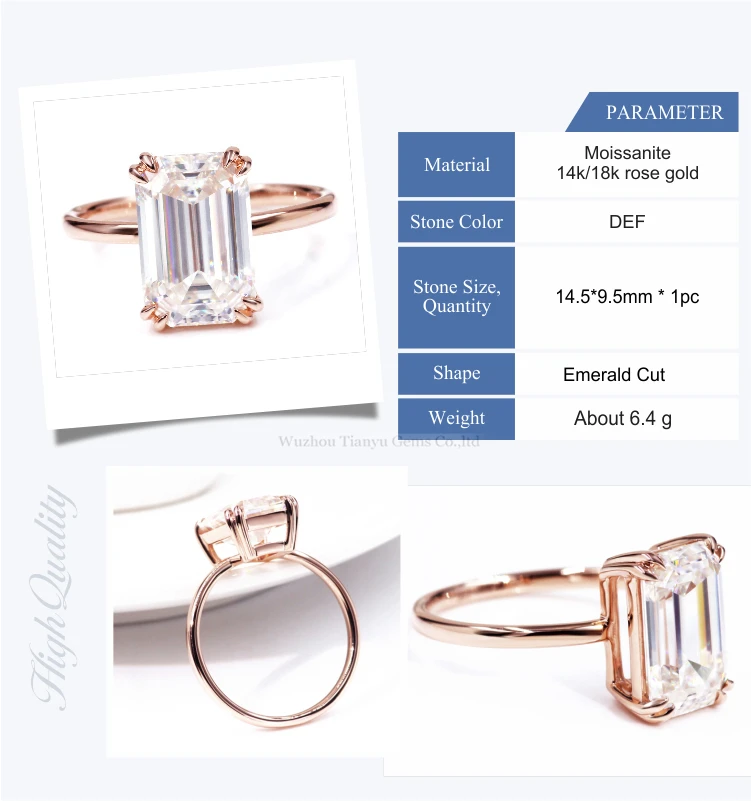 Tianyu gems customize service 6ct DEF VVS emerald cut moissanite10k 14k 18k rose gold ring