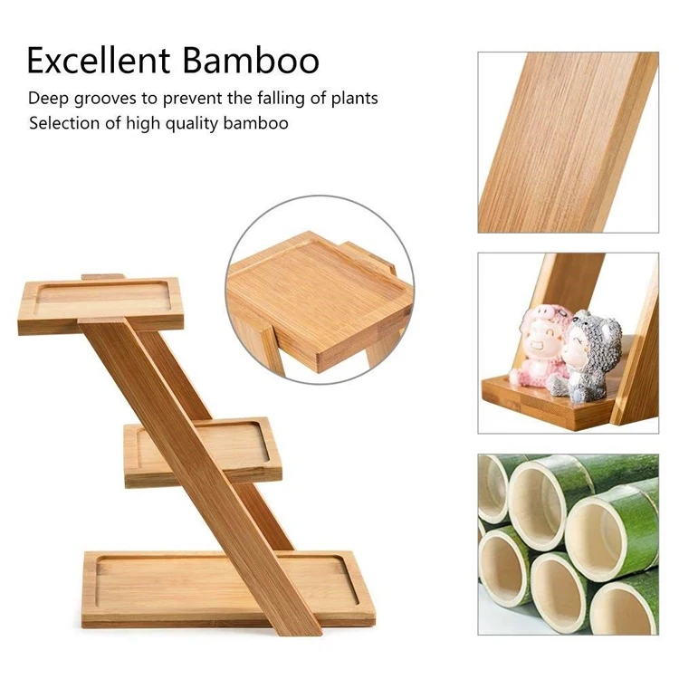3 Tier Plant Stand Square Bamboo Wooden Tray Stand Cactus Flower Pots Planter Holder