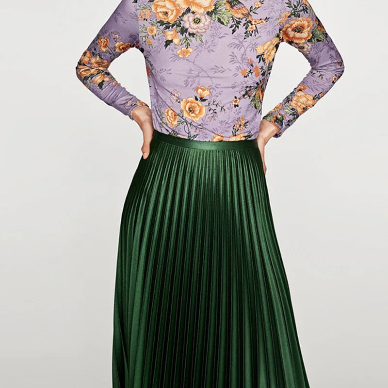 Modern Design High Waisted Green Plain Color Mid--calf Length Pleated Skirt