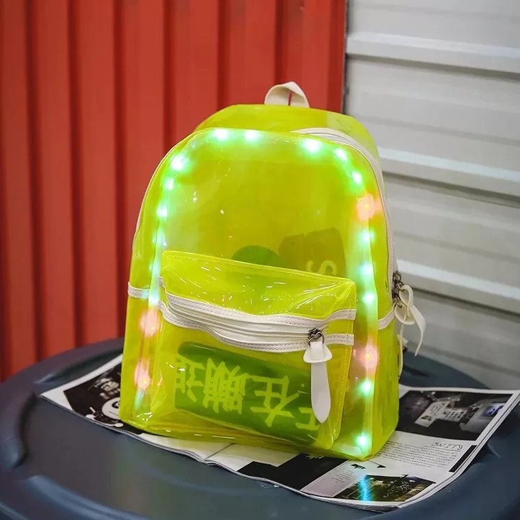 2021 fashion Flash  female bag waterproof color light bag  transparent backpack  syllable beach plastic LED light jelly backpack