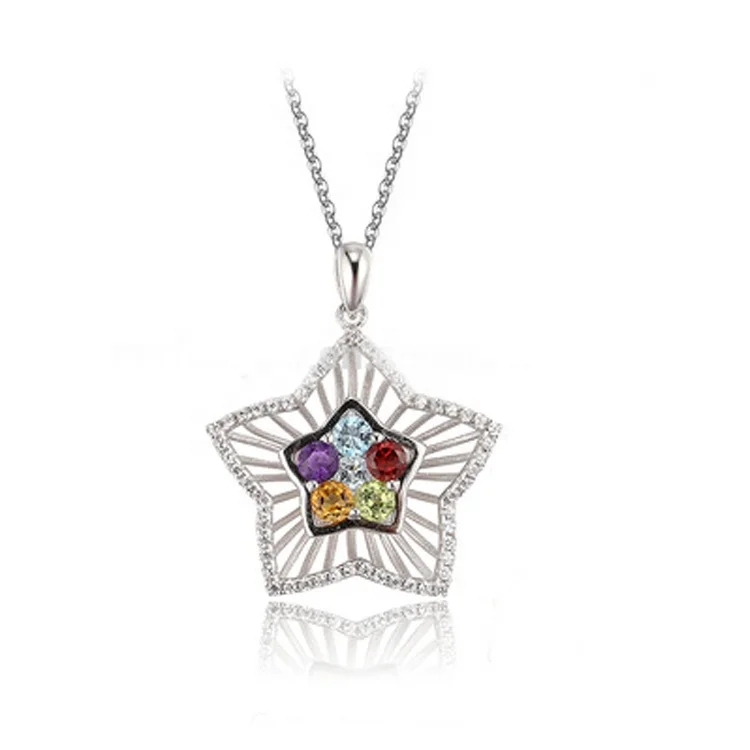 Exquisite Handmade Design Multicolor Stone Fancy Pentagram Star 925 Sterling Silver Pendant for Girl
