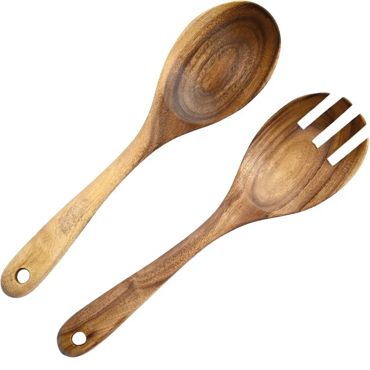Creative  Natural Acacia Wood Handmade Salad  Serving Set Stirring Fork  Spoon