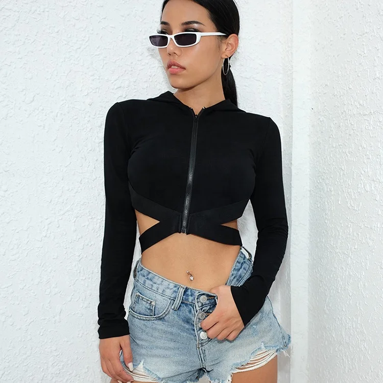
Black Cross Hollow Long Sleeve Hoodie,Zipper Crop Top Sexy Tank Top Women Sports Wear 