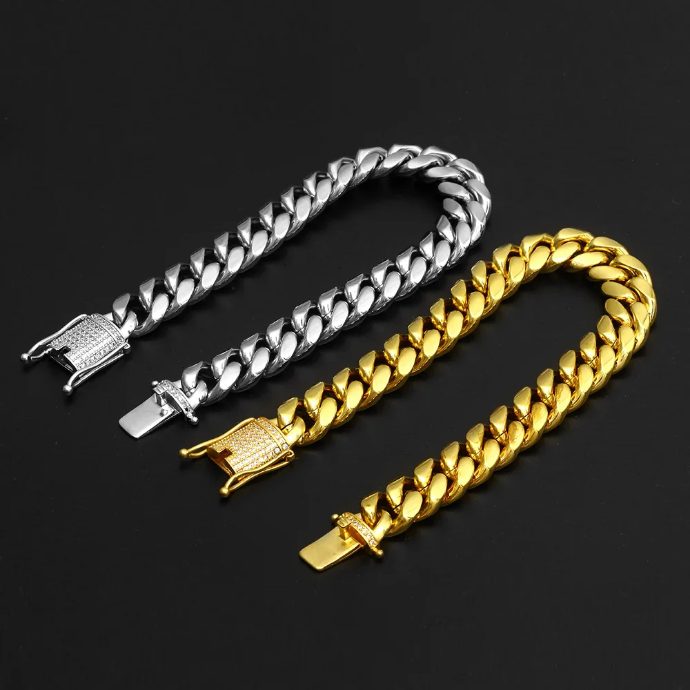 New Fashion Gold/Silver Micro Pave CZ Men HipHop Bracelet 12mm stainless steel Link Miami Cuban Chain Bracelets