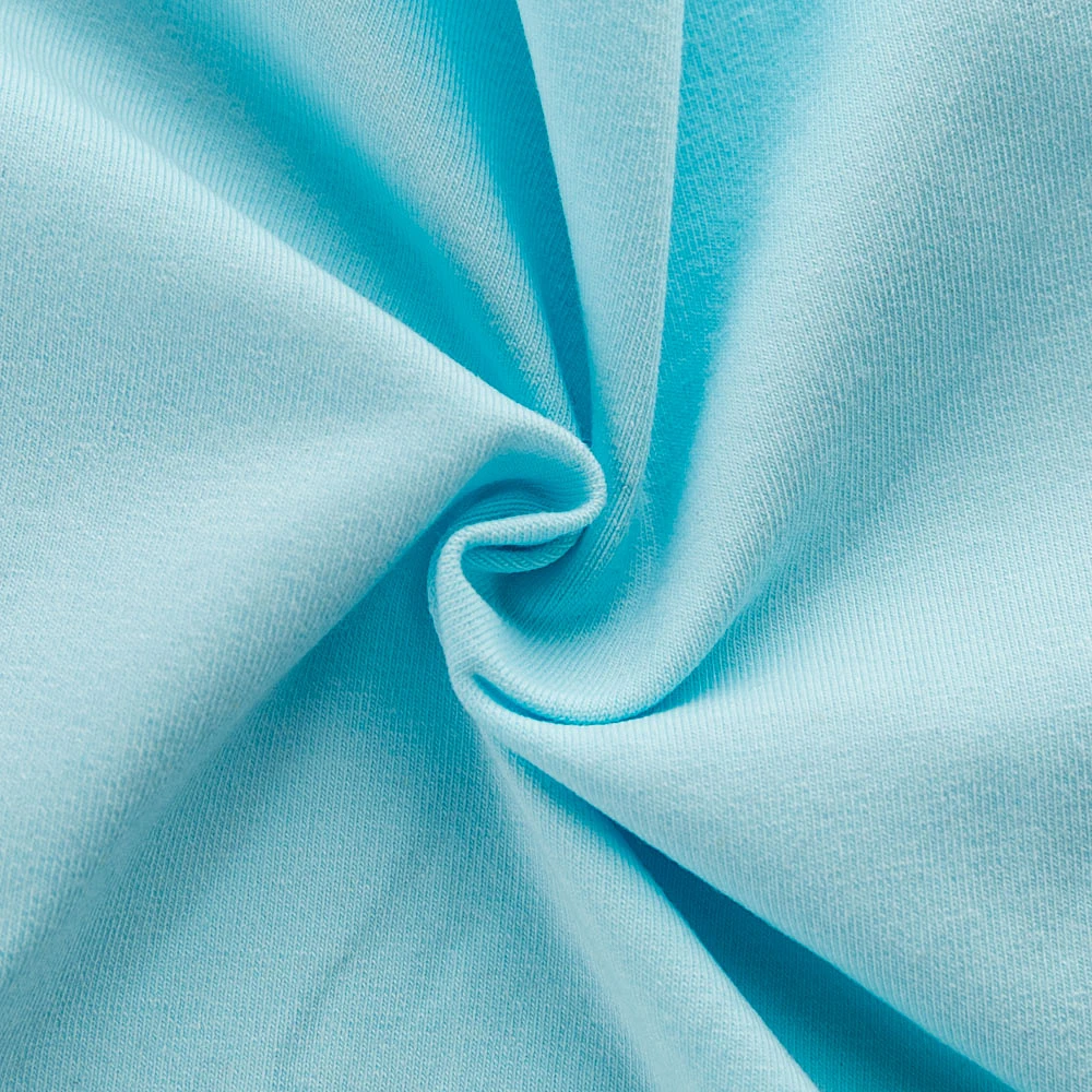 
In Stock blue solid color CPSIA approved 95% cotton 5% lycra stretch single jersey fabric 